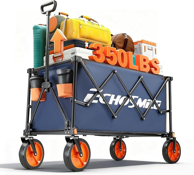 EchoSmile Collapsible Foldable Wagon Cart with 350lbs Weight Capacity, Heavy Duty Folding Utility Sport Wagon with Removeble Wheels for Camping,Grocery,Garden,Beach,Blue&Orange