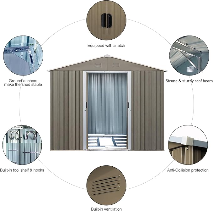 8x10 FT Outdoor Storage Shed, Metal Garden Shed with Frame Floor, Outside Tool Shed with Window, Waterproof Storage Building with Lockable Sliding Doors & Sloped Roof for Backyard, Patio, Warm Gray