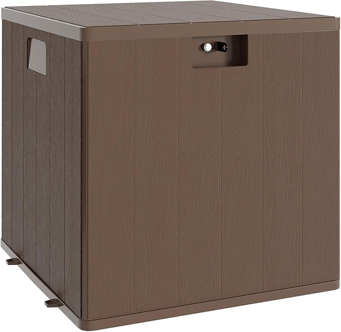 28 gal Brown Resin Deck Box, Outdoor Storage Box Waterproof Lockable, Patio Square Deck Box For Package Delivery, Outside Storage Box Container for Furniture Cushions, Garden Tools, Pool Accessories