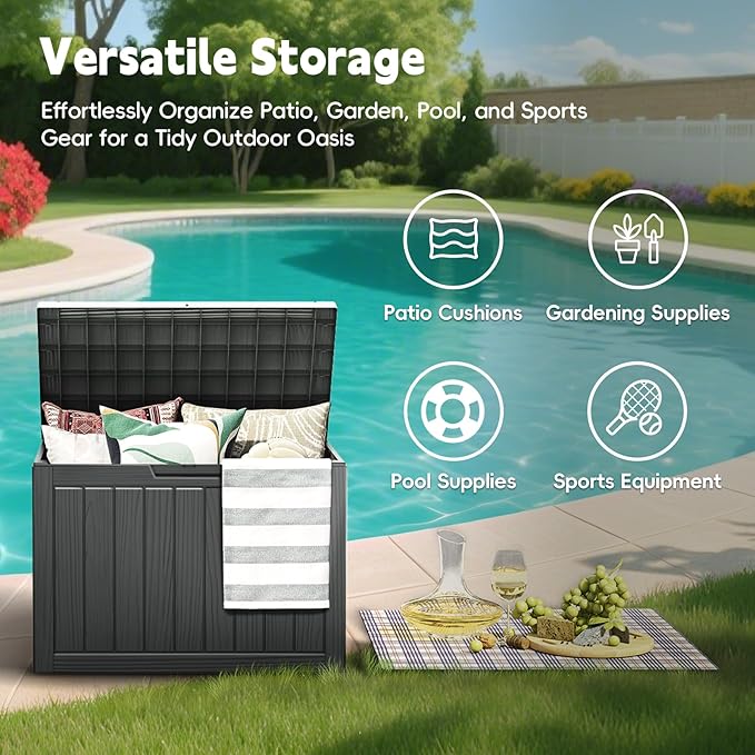 Outdoor Storage Box, 50 Gallon Waterproof Resin Deck Box, Storage Bin for Package Delivery, Patio Furniture Cushion, Garden Tools, Pool Accessories, Weatherproof and UV Resistant