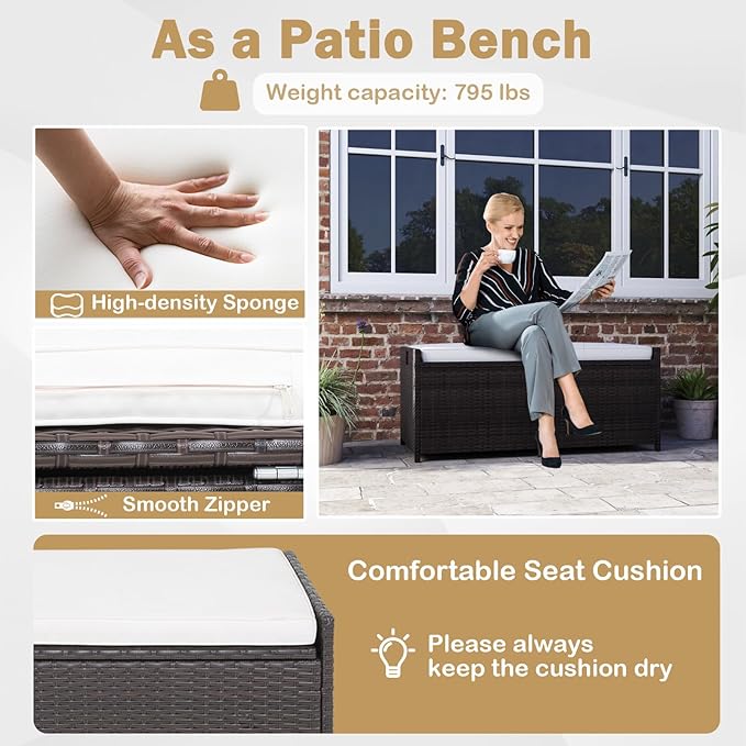 RELAX4LIFE 34-Gallon Outdoor Storage Box - Wicker Rattan Deck Box w/Seat Cushion, Waterproof Liner & Side Handles for Pillows, Patio Cushions, Pool Supplies, Garden Tools, Porch Outdoor Storage Bench