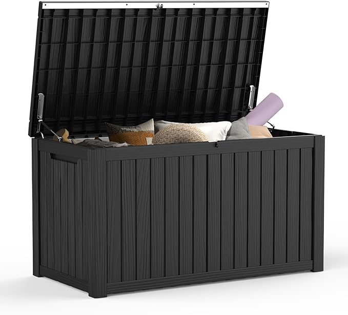 Mars Villa 180 Gallon Outdoor Storage Box, Large Resin Deck Box Waterproof, Storage Bin for Outside Patio Furniture Cushions, Pool Supplies, with Hydraulic Hinge, UV Resistant and Weatherproof, Black