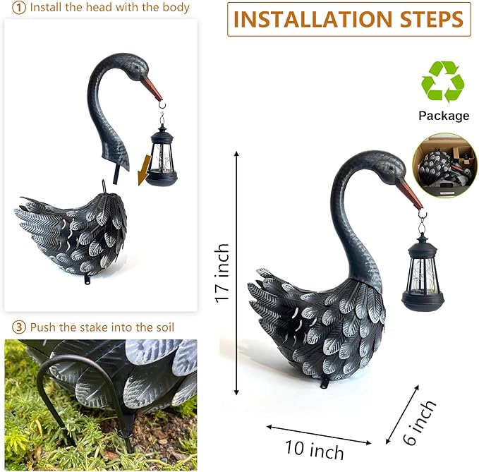 HONGLAND Solar Garden Statue Outdoor Swan Decor Bird Decor Lawn Ornament for Backyard Patio Porch Poolside(Black)