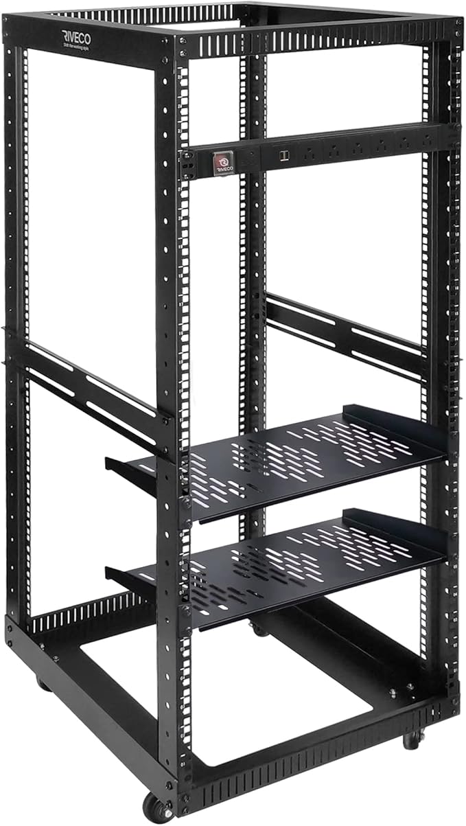 RIVECO 25U Open Frame Server Rack with Wheels + PDU (8 Outlets) Power Strip Surge Protector (2pcs Rack Shelves +1 PDU, 25U)