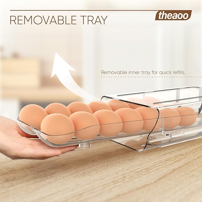 theaoo Egg Holder for Fridge, Automatic Rolling Egg Container for Refrigerator, Clear Plastic Egg Dispenser, Stackable Eggs Organizer with Quick Removable inner Tray For Organizers and Storage, 1Pack