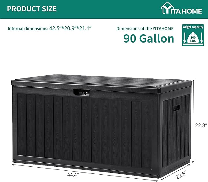 YITAHOME 90 Gallon Large Deck Box with Side Handles, Outdoor Double-Wall Storage for Patio Furniture Cushions, Garden Pool Accessories, Waterproof & Lockable