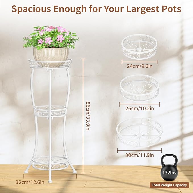 LASZOLA White 3 Tier Tall Plant Stand for Indoor Outdoor, Large Multiple Level Flower Planter Holder Organizer Rack for Patio Office Bathroom Corner Floor, Sturdy Heavy Duty Metal, Vertical Display