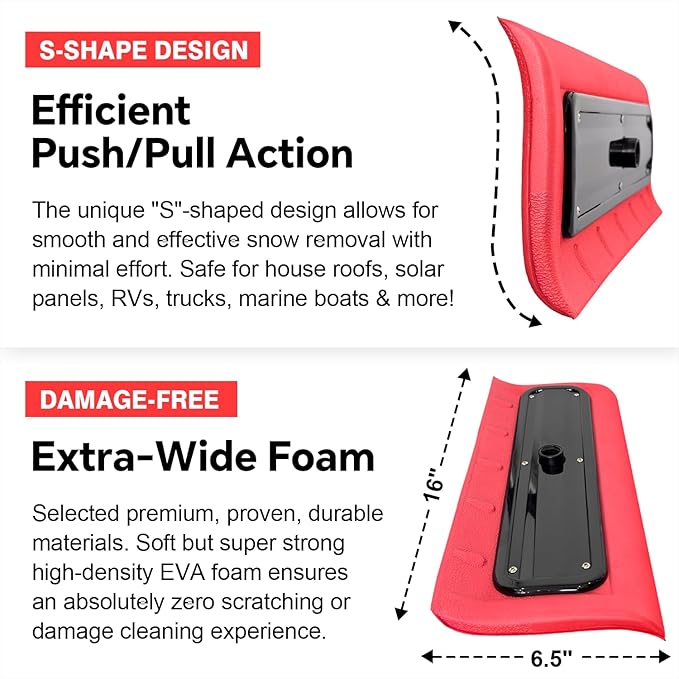 Never-Scratch SnowBuster | 19-Foot Snow Roof Rake(Up to 25Ft Standing Reach) | Heavy-Duty Aluminum|EVA Soft Foam Pad Snow Removal Tool|S-Shaped Push/Pull Design for House Roofs, Solar Panels