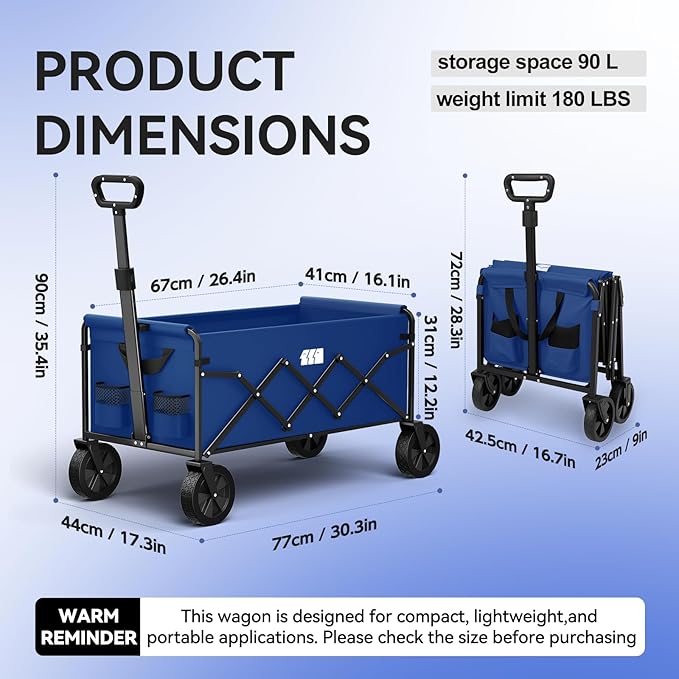 Collapsible Folding Wagon, Heavy Duty Foldable Cart with Wheel, Lightweight Utility Grocery Carts with 200lbs Weight Capacity for Garden, Beach, Camping Sports, Fishing (Royal Blue)