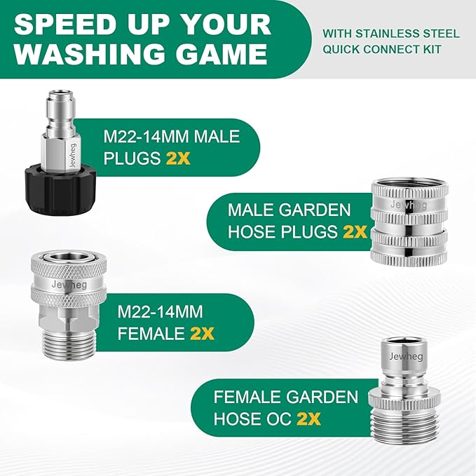 2025 upgraded version,Pressure Washer Quick Connect Kit, Stainless Steel Pressure Washer Adapter Set, M22 Swivel 14mm to 3/8 Inch Quick Disconnect,3/4 Inch Hose Fittings