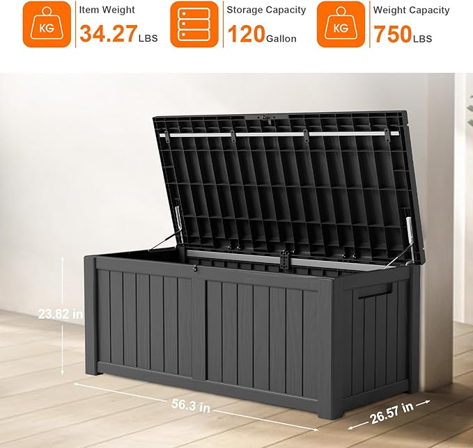 120 Gallon Outdoor Storage Box – Resin Deck Box with Lockable Lid, Waterproof Patio Furniture Storage for Tools, Garden & Yard Organization