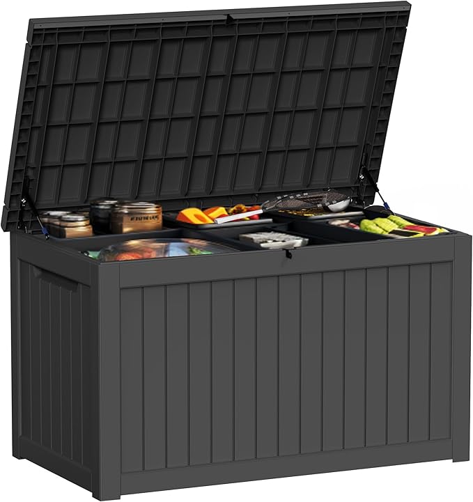 ROJIK Outdoor Storage Housing Deck Box - Waterproof Patio Furniture, Garden Tools, Cushions, Pool Accessories Storage Bench with Lockable Lid and Side Handles (Black 238 Gal)