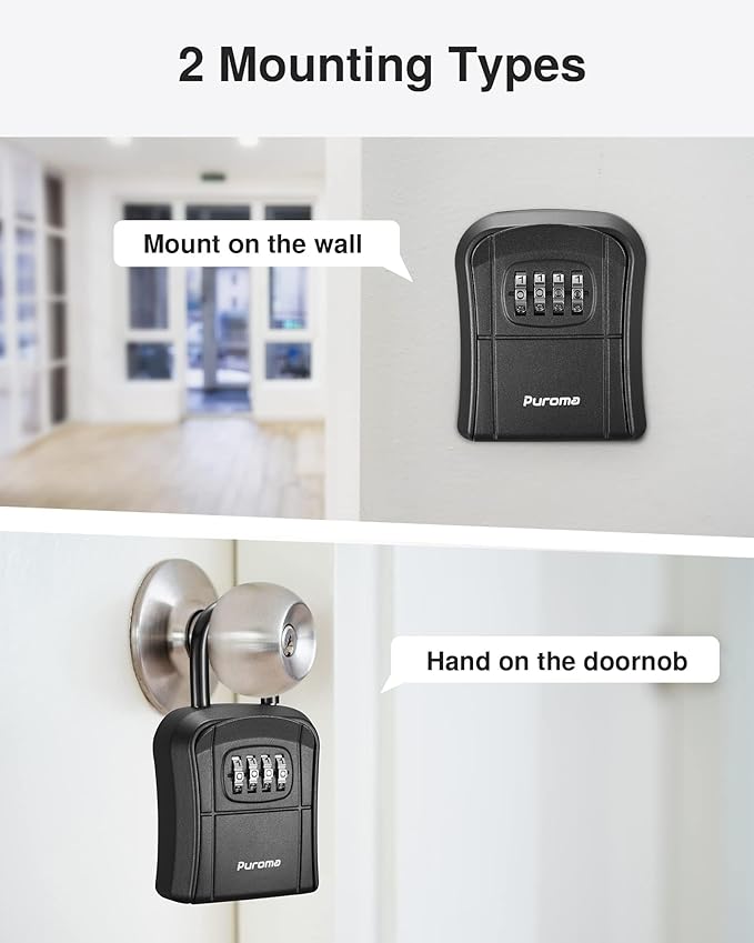 Puroma Key Lock Box Outdoor 4 Digit Code Combination Lockbox House, 2 Black | For Contractors Guest Realtor Storage Keys, Portable, Home Wall Mount, Resettable, Combination, Weatherproof, High-capacity