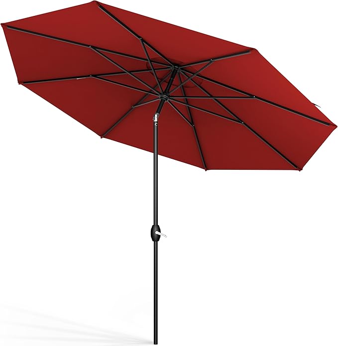 Midtown Umbrellas Sunbrella Umbrella 9 Feet Outdoor Umbrella With Red Acrylic Fabric - Auto-Tilt Aluminum Frame Patio Umbrella For Backyard, Deck, Garden, Pool - Black Pole