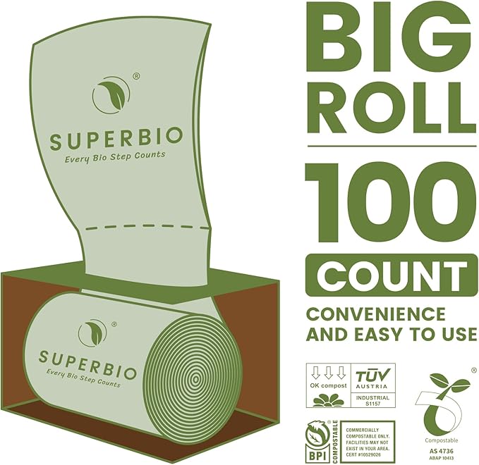 SUPERBIO 2.6 Gallon Compostable Food Waste Bags, 100 Count, 1 Pack, Flat Top Food Scrap Bags, ASTM D6400,Certified by BPI and OK compost INDUSTRIAL,9.84L