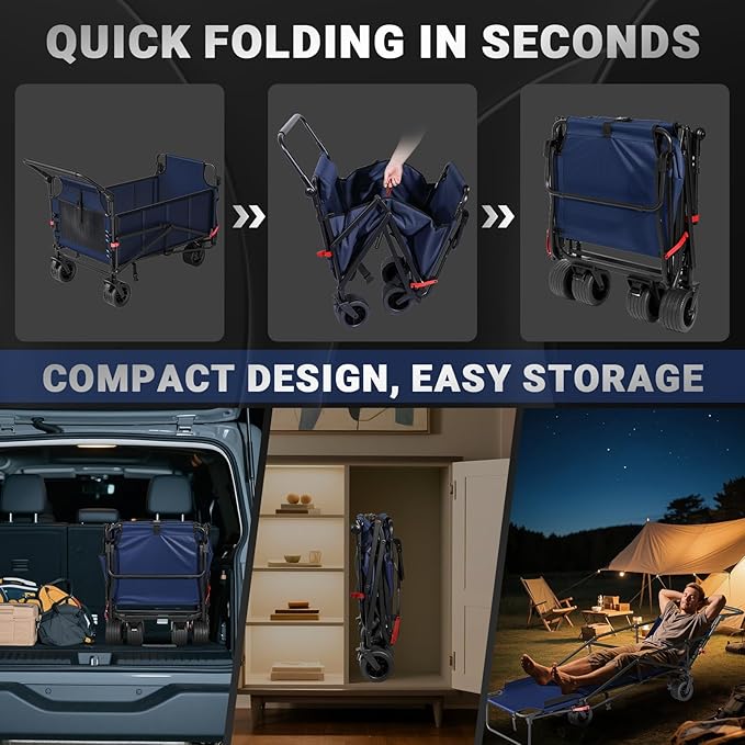 LEVELEVE Heavy Duty Folding Wagon - 2-in-1 Collapsible Cart, 400lb Capacity, All-Terrain Wheels w/Brakes & Side Pockets (Blue)