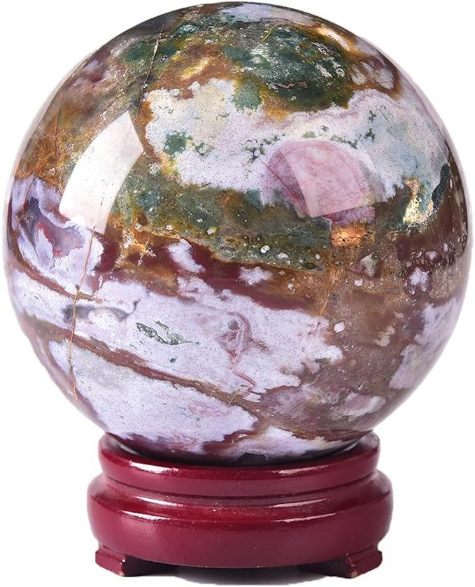 JIC Gem Large Ocean Jasper Crystal Sphere Ball with Wooden Stand Healing Decorative Ball Reiki Healing Gift 100-110mm