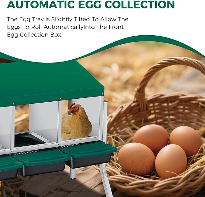 Chicken Nesting Boxes with Rollout Egg Collection – 3-Compartment Metal Hen Nest Box with Removable Trays, Slanted Roof & Ventilation, Wall Mount or Standing for Backyard Poultry Coop, Green