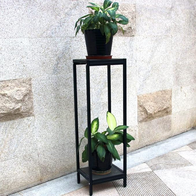 Zhongma 2 Tier 39.5" Tall Plant Stand with Slate Top, 12.4 x 10.63 x 39.5 inches, Square Flower Shelf for Balcony, Home, Garden, Backyard Patio with Adjustable Leveling Feet