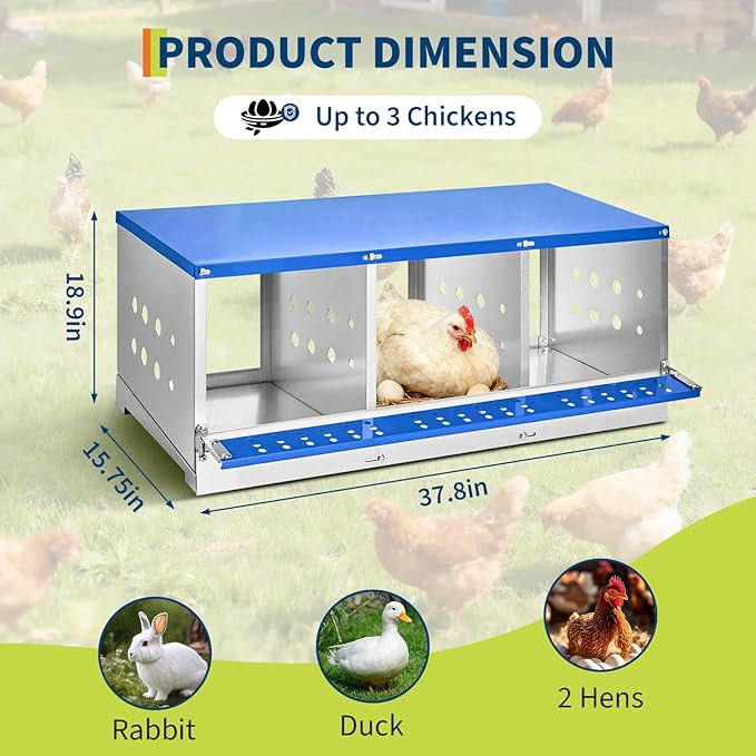 Heavy Duty Metal Chicken Nesting Box – 3 Compartments, Galvanized Steel, Breathable Holes, Resting Platform, Easy Clean, Rollaway, Wall Mounted/Floor, Blue, 96×48×40cm, Without Cover