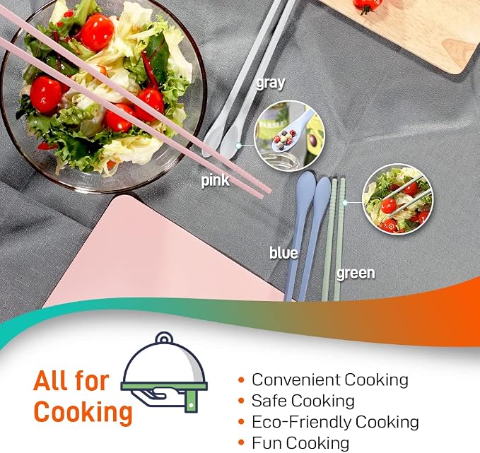 Reusable Long Silicone Cooking Chopsticks with Spoon 12 Inches 1 Pair, Dishwasher Safe, BPA-free Non-Slip, Korean, Heat Resistant, Japanese Kitchen Cookware (Pastel Green, 1 Pair )