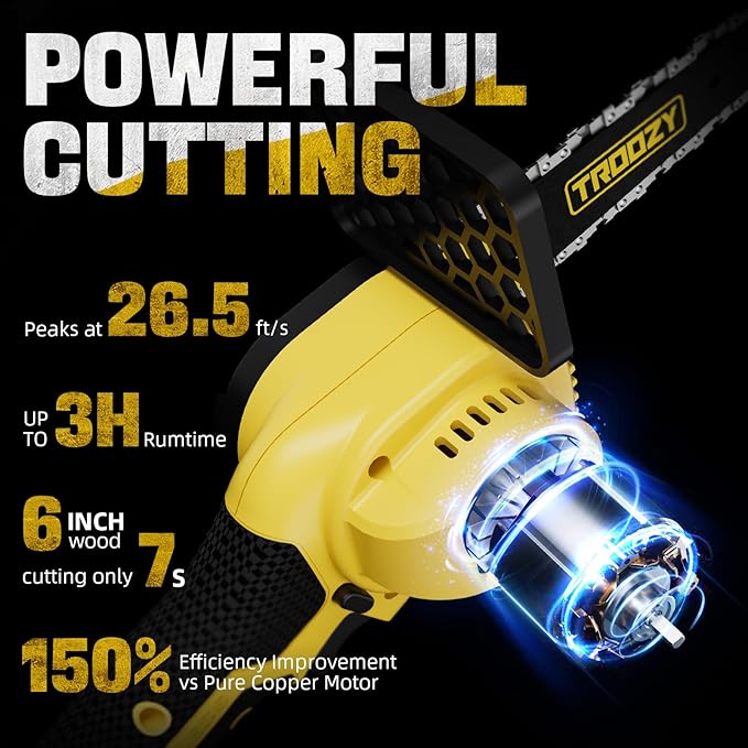 Mini Chainsaw Cordless 6 Inch 3000mAh Battery Powered Electric Brushless Handheld Chain Saws, Up To 100minX2 21V, Saw Pruning Shears Chainsaw for Tree Branches,Courtyard,Household and Garden