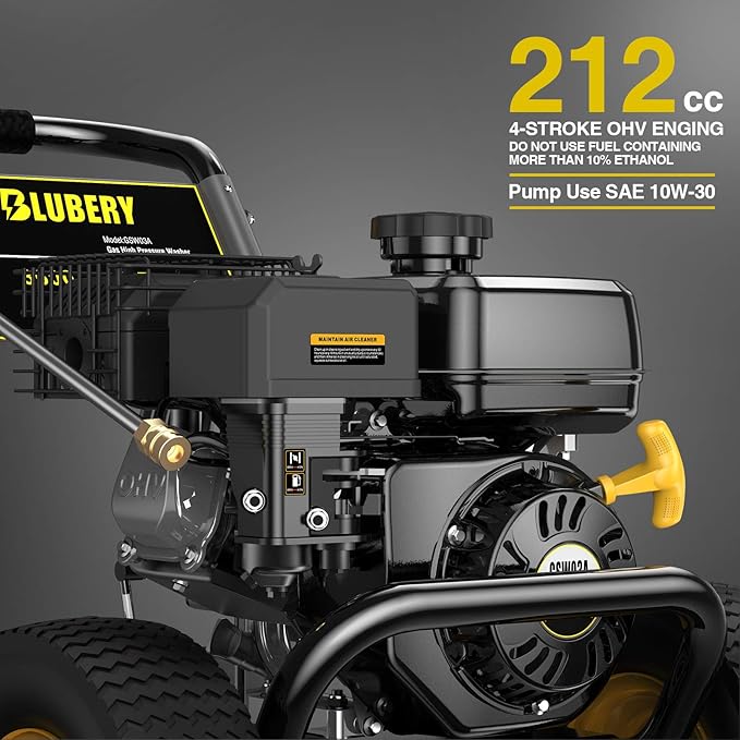 BLUBERY Gas Pressure Washer, 3600 PSI Pressure Washer,2.7 GPM Heavy Duty Power Washer, 30 feet Pressure Hose&Soap Tank,4-Stroke OHV 212cc Engine,Portable Industrial Style,Black