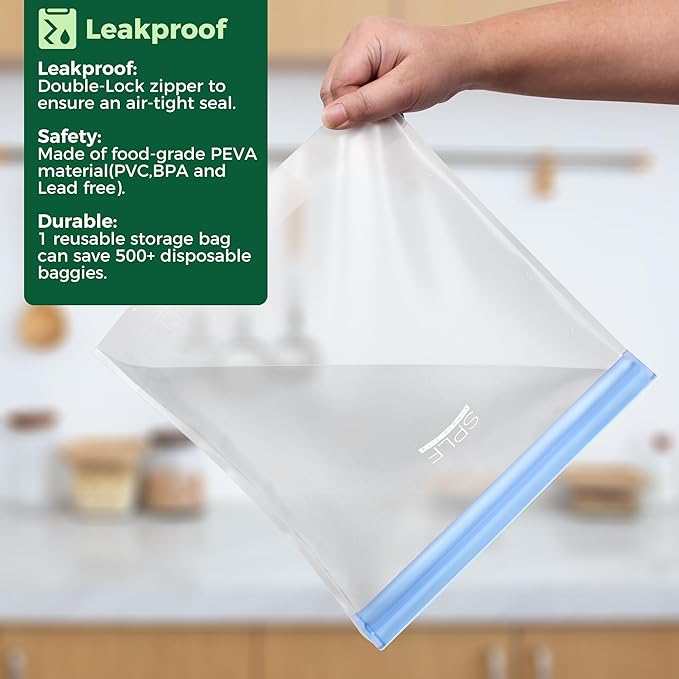 SPLF 6 Pack Stand-Up Reusable Gallon Freezer Bags Dishwasher Safe | Extra Thick 1 Gallon Leakproof Food Storage Bags, BPA and Silicone Free Freezer Bags for Meal Prep, Bread, Veggies, Travel