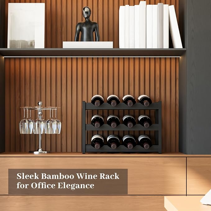 Wine Rack,Bamboo Wine Storage Cabinet Shelf,Countertop Wine Shelf- Freestanding Wine Holder for Kitchen & Pantry (Black, 3-Tier)