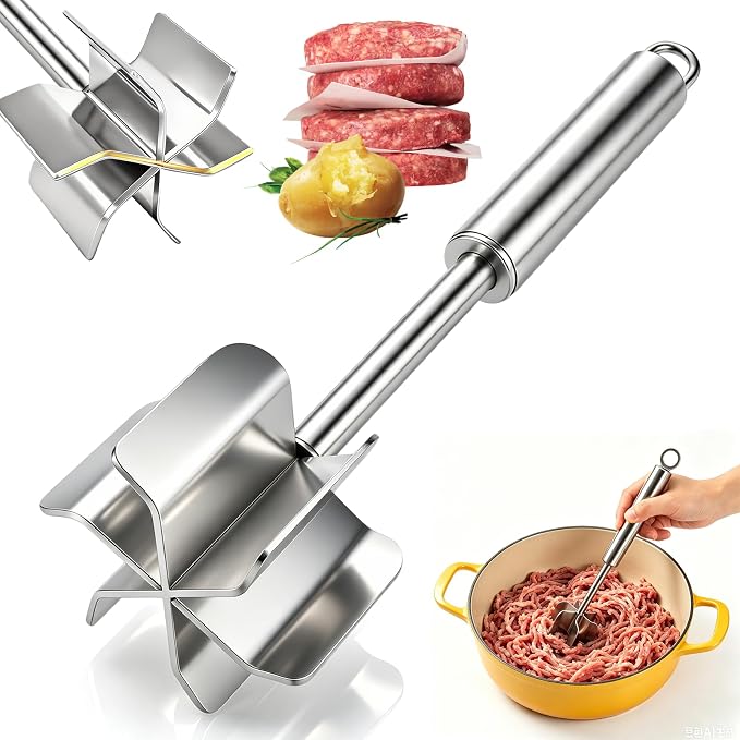 Meat Masher Dishwasher Safe, 304 Stainless Steel Meat Chopper,6-Blade Swirl Ground Beef Smasher,10 Inch Heavy Duty Potato & Hamburger Masher Tool (with Brush)