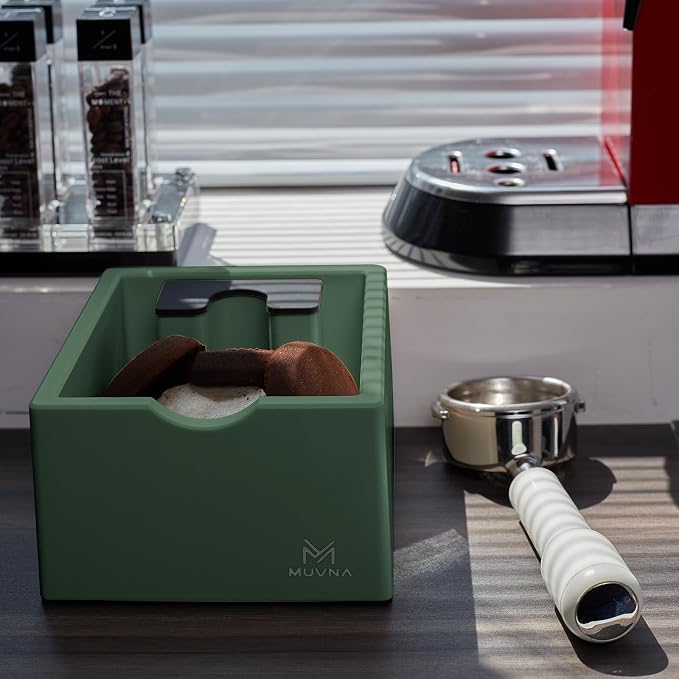 Espresso Knock Box with Brush, 15 Pucks Coffee Grounds Dump Bin with Silicone Knock Bar, Anti-Slip Base & Tamping Station, Quiet Knockbox Set for Barista Home Kitchen & Coffee Bar, Green