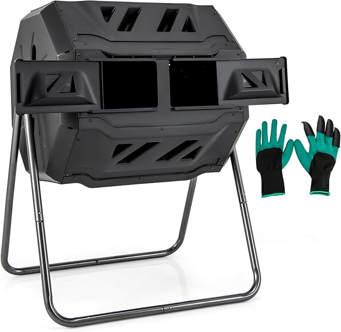 S AFSTAR Composter Tumbler Outdoor, 42-Gal Dual Chamber Tumbling Composter with 2 Sliding Doors, Metal Frame, BPA-Free Large Rotating Compost Bin Tumbler for Garden Yard Waste (Black)