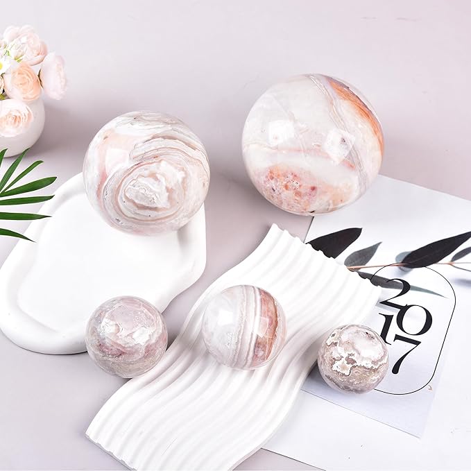 JIC Gem Large Pink Agate Crystal Sphere Ball with Wooden Stand Pink Healing Crystal Decorative Ball 90-100mm