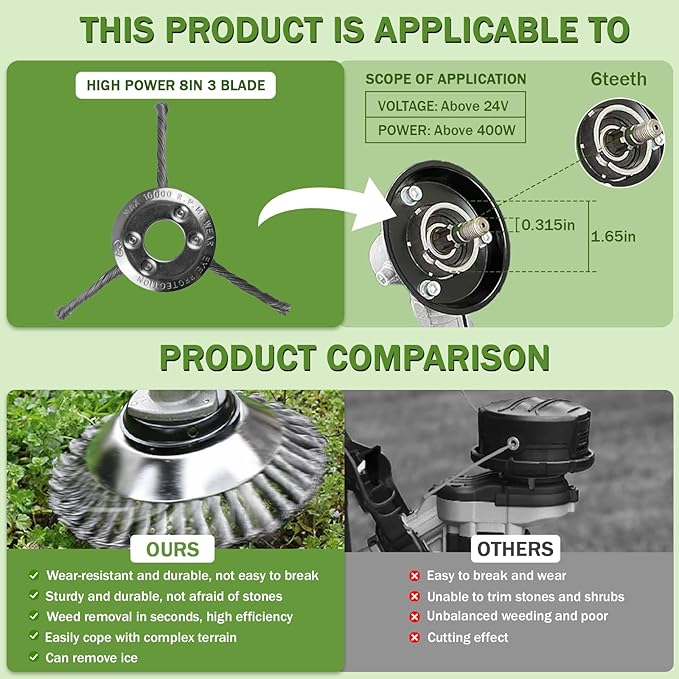 Steel Wire Grass Trimmer Head, Upgrade Bold 2.3 Times Steel Wire Weed Eater Head, for High-Power Lithium-Ion and Gasoline Weed Cutters, with Adapter, Wire Weed Trimmer Head(High Power 8In 3 Blade)