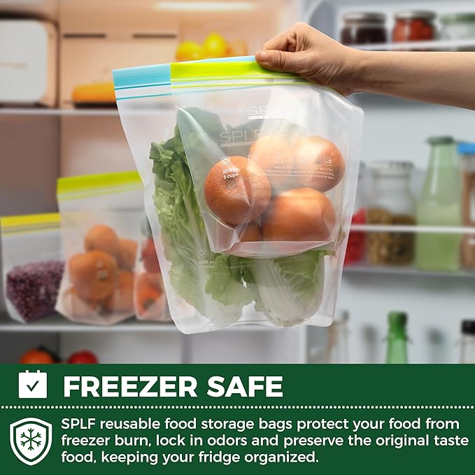 SPLF 32 Pack Reusable Food Storage Bags Dishwasher Microwave Safe | Reusable Freezer Bags, Silicone Free Containers for Meal Prep, Fridge Kitchen - 8 Gallon 8 Half Gallon 8 Sandwich 8 Snack