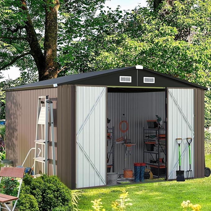 Aoxun 9.4x7.3x6.5 FT Outdoor Metal Storage Shed with Lockable Door- Ideal for Tools, Garden Equipment & Bikes, Includes Base, Perfect for Patio Placement