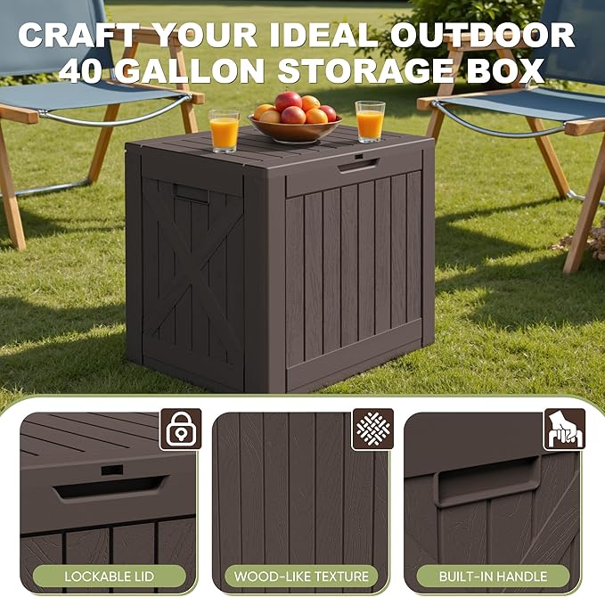 Greesum 40 Gallon Resin Deck Box, Outdoor Storage for Patio Furniture, Garden Tools, Pool Supplies, Weatherproof and UV Resistant, Lockable, Brown