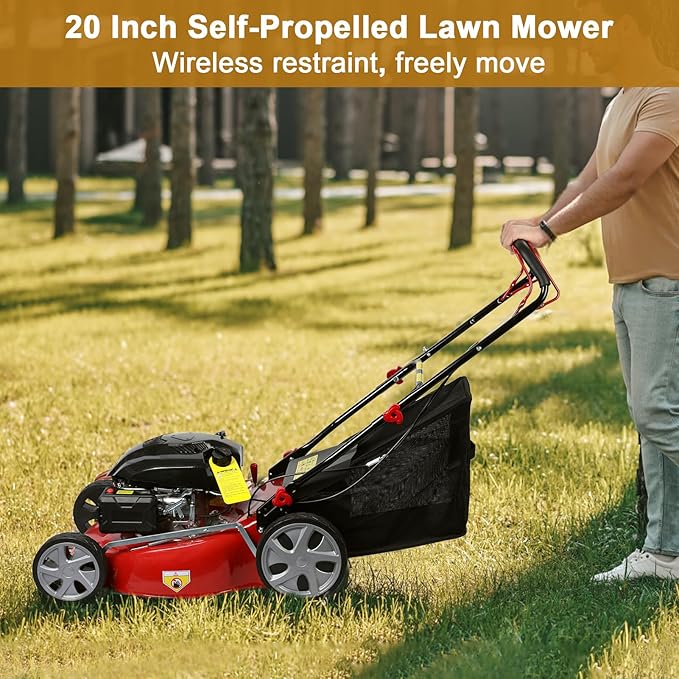 Self Propelled Gas Lawn Mower, 141cc 4-Stroke Gas Engine Lawn Mower with 20 Inches Blade Walk-Behind Lawn Mover Cordless Push Lawn Mowers Tractors with 50L Grass Tank Big Wheels 2850RPM (141cc)