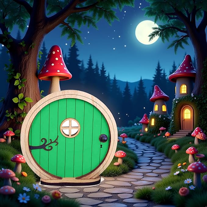 1Pc Fairy Garden Door for Tree, Fairys Doors for Trees Outdoor and Tree Trunk, Mini Fairy Garden Sculpture Lawn Ornament Decor, Fairys Tales Door Decoration,Gardens Miniatures (Green)