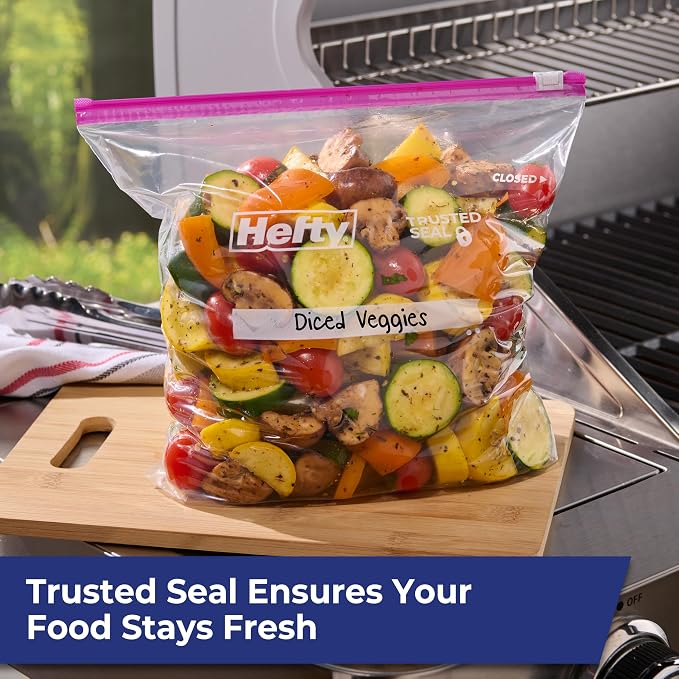 Hefty Slider Storage Bags, Gallon Size, 66ct | Bulk Pack, Gallon Storage Bags for Food, Snacks, Toiletries, and More, Writable Label, Stand and Fill, Secure Slider Closure