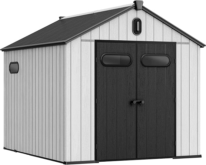 YITAHOME 8x10ft Resin Storage Structure, Outdoor 544 cuft Plastic Garden Storage Unit with Windows, Vents and Lockable Entrance, Waterproof Tool Organizer with Flooring for Lawn Equipment,Gray