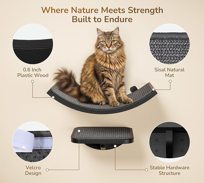 Wall Mounted Curved Cat Hammock with Grey Sisal Pad – Scratch-Friendly Cat Nest Perch for Wall – Large Floating Bed for Indoor Cats