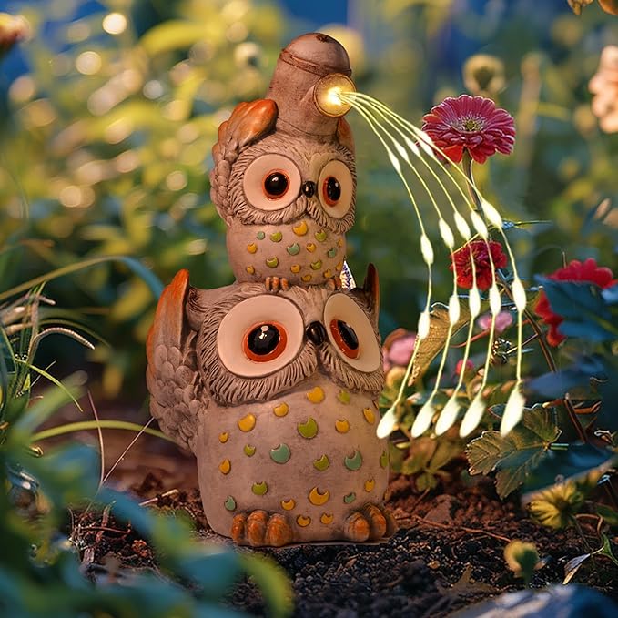 Solar Garden Statues Outdoor Decor, Watering Owl Statue Garden Decor, Resin Yard Decorations Outdoor for Patio, Porch, Balcony, Lawn Ornaments, House Warming Birthday Gifts for Mom Women Grandma