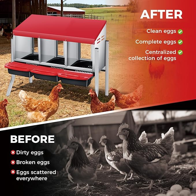 Chicken Nesting Boxes with Rollout Egg Collection – 3-Compartment Metal Hen Nest Box with Removable Trays, Slanted Roof & Ventilation, Wall Mount or Standing for Backyard Poultry Coop, Red