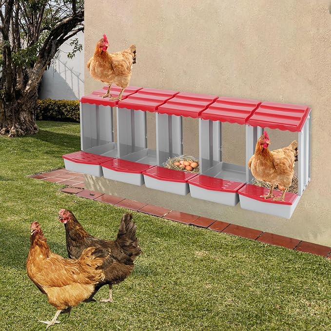 Chicken Nesting Box, 5 Compartments Laying Boxes for Hens, Nest Box for Chicken Duck Poultry Coop, Wall Mount Chickens Roosting Boxes, Protect Collect Egg (Red)