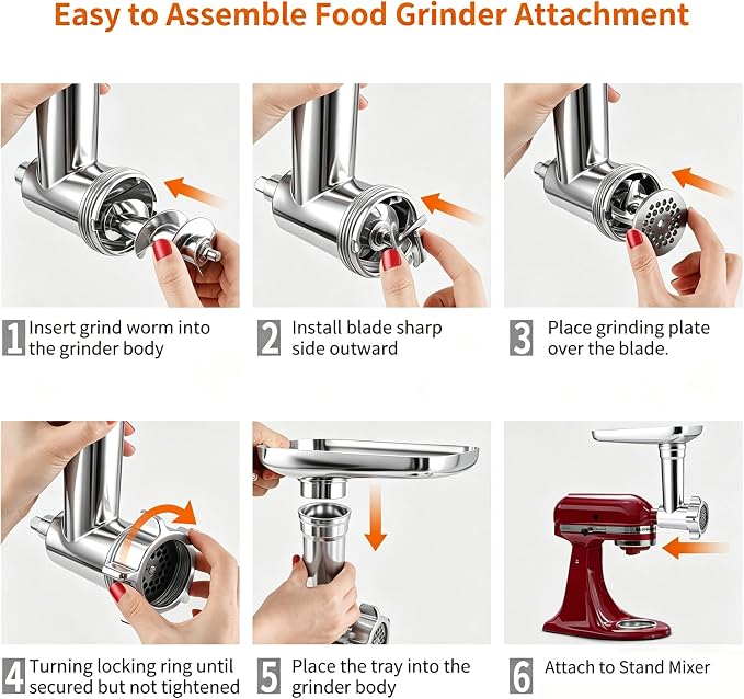 100% Stainless Steel Meat Grinder for KitchenAid Mixer, Dishwasher Safe | Includes 3 Sausage Stuffer Tubes & 4 Grinding Plates, Anti-Corrosion Polished Design(Not include the KitchenAid Mixer)
