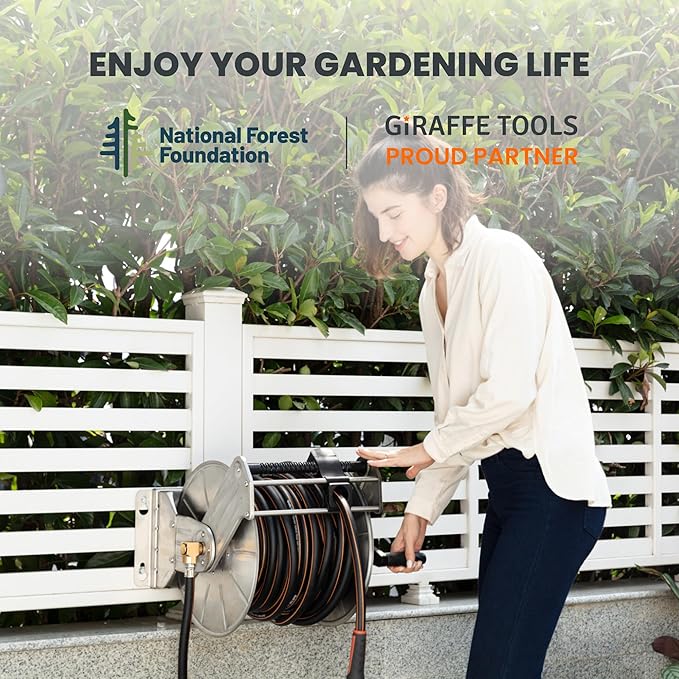 Giraffe Tools Stainless Steel Garden Hose Reel with 5/8" x 100 ft Heavy Duty Hose, Wall/Floor Mounted Metal Water Hose Reel with Crank Handle