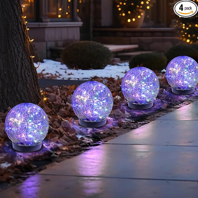 Solar Globe Lights Outdoor Waterproof-Solar Balls-Solar Garden Lights-Orbs for Outside 4 Pack Cracked Glass Ball for Lawn Patio Yard Backyard Decorations