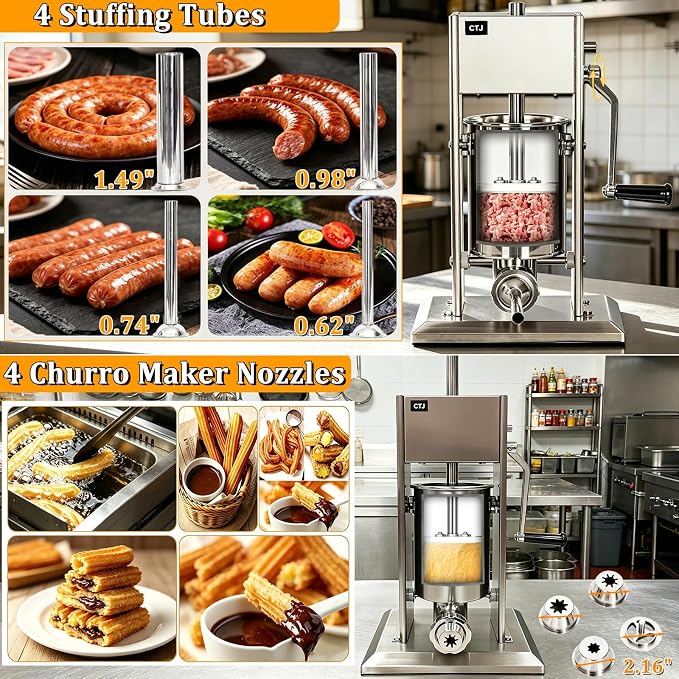 CTJ Sausage Stuffers Stainless Steel Sausage & Churro Maker 5L/11Lb,Silver | Manual 2 in 1 Sausage Stuffer & Churro Maker, 2-Speed Adjustable Vertical Sausage Maker, 4 Stuffing Tubes & Churros Nozzle