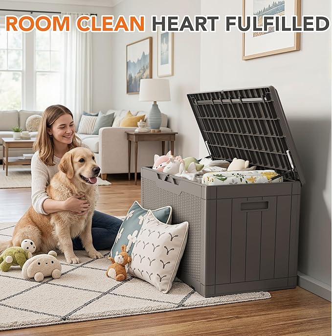 110 Gallon Deck Box Outdoor Indoor Waterproof Storage Box for Patio Furniture, Pool Accessories, Garden Tools, and Cushion Storage, Coffee